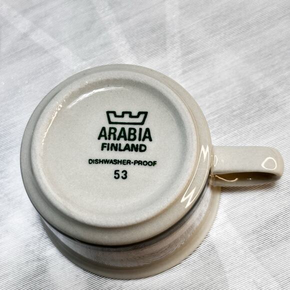 ARABIA OF FINLAND Salla Small Coffee Cup Saucer Gray Gray Tan White Stripe 4 oz. - Picture 3 of 6